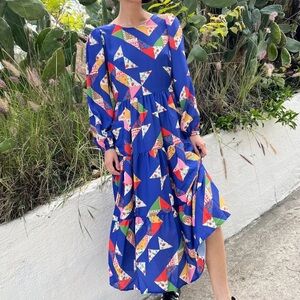 Lisa Says Gah Maxine Long Sleeve Midi Dress in the blue "Alpine Quilt" pattern M
